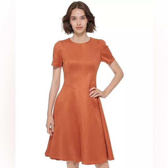Calvin Klein Rust Orange Faux Suede Fit Flare Dress Women’s 16 Short Sleeve Fall - Picture 1 of 15